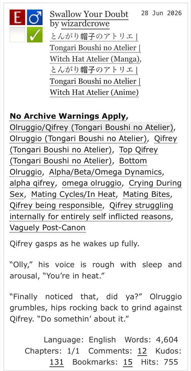 JuLilimolia's tweet photo. [QiOlru Fanfic rec #80] Swallow Your Doubt
By wizardcrowe

In which “Olly gets railed and when Qifrey is pathetic”. (Author’s notes.)

https://t.co/3bugdhn5kA

#キーオル #QiOlru https://t.co/JqRS8GlX4n