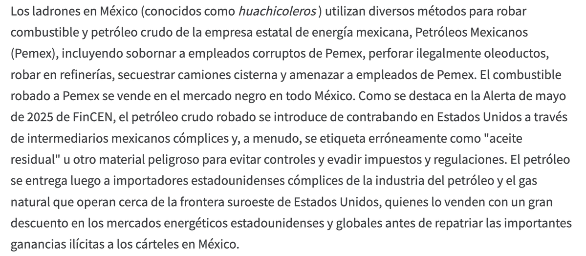 azucenau's tweet photo. De acuerdo con el comunicado del Tesoro de EU, hay robo directo a Pemex.

Los huachicoleros utilizan el soborno a empleados corruptos, la perforación ilegal de oleoductos, robos en refinerías, secuestro de camiones cisterna y amenazas al personal para vender el combustible extraído en el mercado negro nacional.