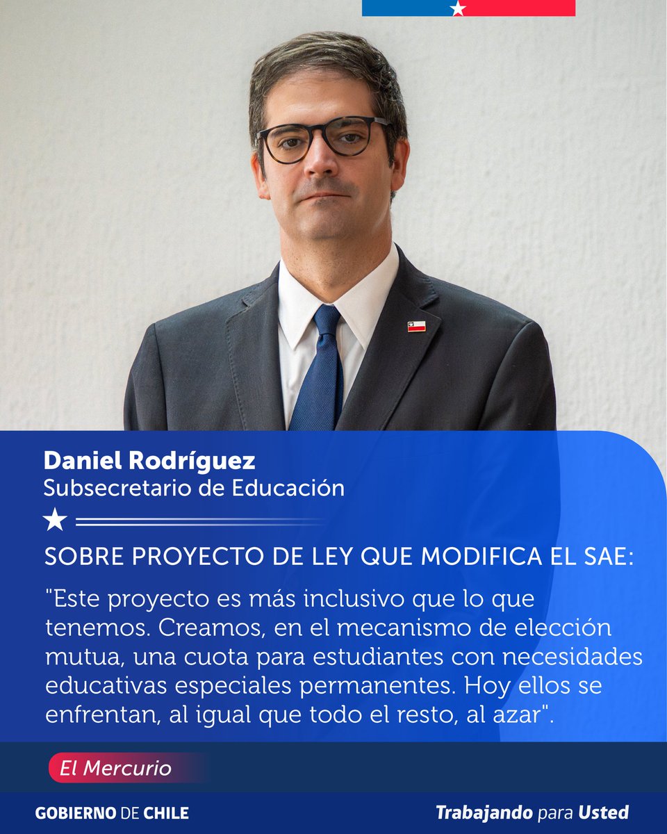 subeduc's tweet photo. El subsecretario de Educación, Daniel Rodríguez, abordó en El Mercurio los principales ejes del proyecto de ley que modifica el Sistema de Admisión Escolar, destacando las medidas para avanzar hacia un sistema que responda a las distintas necesidades de las familias. https://t.co/2OqpKOuqhi