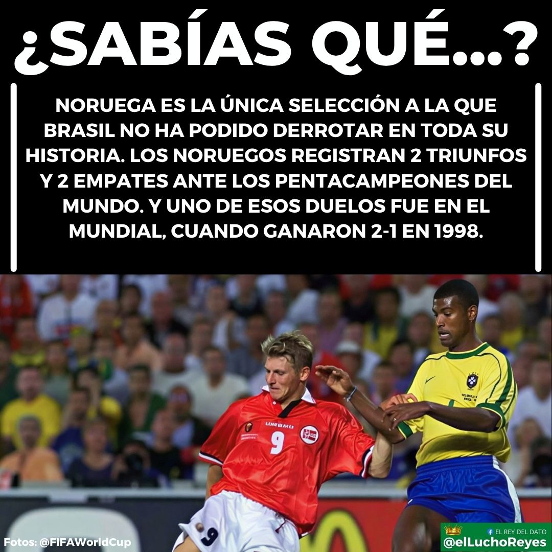 elluchoreyes's tweet photo. #DATO Noruega es la única selección a la que Brasil no ha podido derrotar en partidos clase 'A'. 

Se enfrentan este domingo por octavos de final del Mundial 2026.

Empate 1-1 Amistoso 1988
Noruega 4-2 Amistoso 1997
Noruega 2-1 Mundial 1998
Empate 1-1 Amistoso 2006 https://t.co/IGcMZ0eGhK