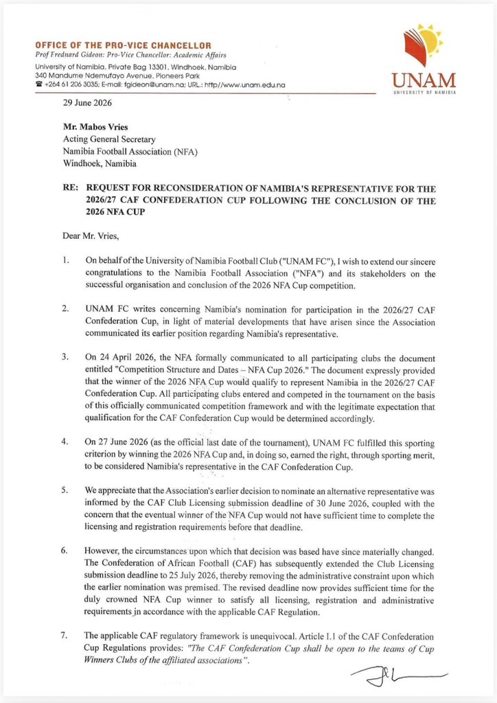 FootyNamibia's tweet photo. 🚨UNAM FC REQUEST TO PARTICIPATE IN CAF CONFEDERATION CUP! 🇳🇦

University of Namibia FC (UNAM) have written to the NFA requesting to participate in the CAF Confederation Cup after CAF extended the club licensing deadline from 30 June 2026 to 25 July 2026.

Initially, the club was unable to participate because the NFA Cup final was scheduled too close to the original deadline. However, CAF’s extension now gives UNAM enough time to complete the required licensing process before the new 25 July 2026 deadline.