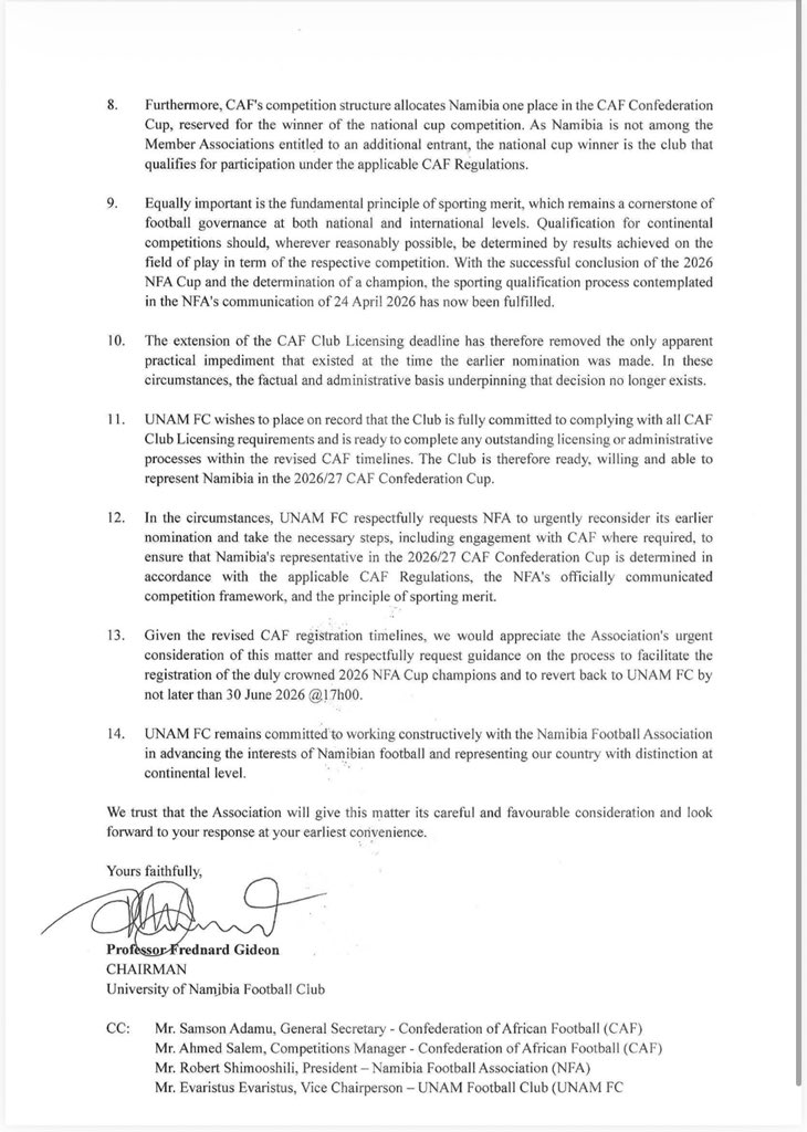 FootyNamibia's tweet photo. 🚨UNAM FC REQUEST TO PARTICIPATE IN CAF CONFEDERATION CUP! 🇳🇦

University of Namibia FC (UNAM) have written to the NFA requesting to participate in the CAF Confederation Cup after CAF extended the club licensing deadline from 30 June 2026 to 25 July 2026.

Initially, the club was unable to participate because the NFA Cup final was scheduled too close to the original deadline. However, CAF’s extension now gives UNAM enough time to complete the required licensing process before the new 25 July 2026 deadline.