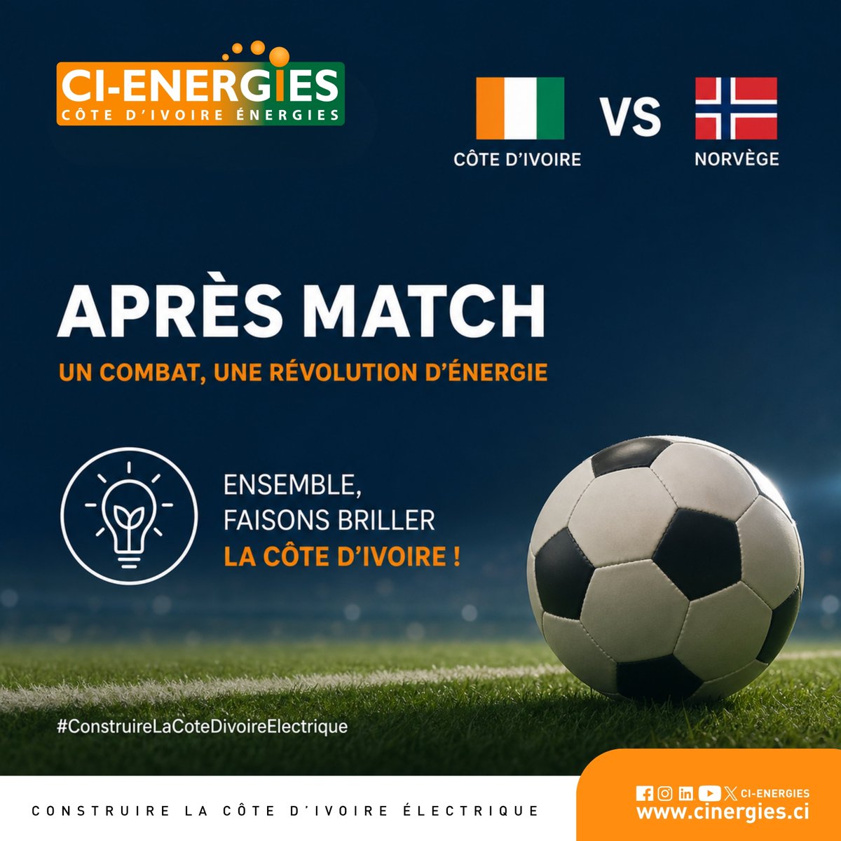 CI_ENERGIES's tweet photo. Fin du match : 🇨🇮 1-2 🇳🇴. Nos Éléphants tombent les armes à la main.

Un grand merci à Amad Diallo qui a su apporter son éclair de génie aujourd'hui ! ✨ L'énergie de toute la nation reste derrière notre équipe. ⚡🐘

#CIVNOR #CIENERGIES #AmadDiallo #TeamCIV https://t.co/84axuvEtPL