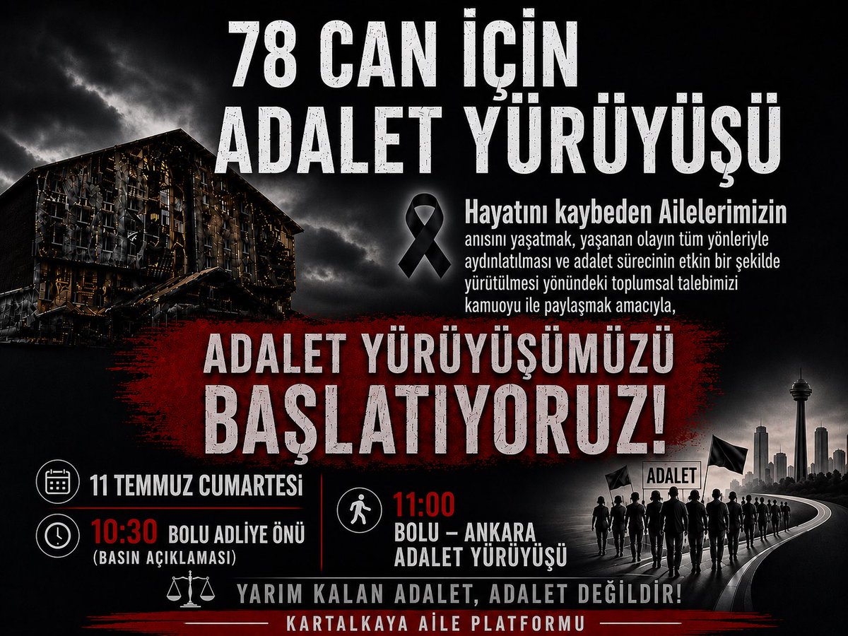 KAilePlatform's tweet photo. 11 Temmuz Cumartesi günü Bolu’dan Ankara’ya “Kartalkaya İçin Adalet Yürüyüşü”ne başlıyoruz.

Bu yürüyüş; kaybettiğimiz canlarımızın sesi, ailelerin adalet çağrısıdır.

Sizleri de bu vicdan yürüyüşüne destek vermeye davet ediyoruz.

#KartalkayaİçinAdalet
#78CanİçinAdalet https://t.co/ViwNueEa3K