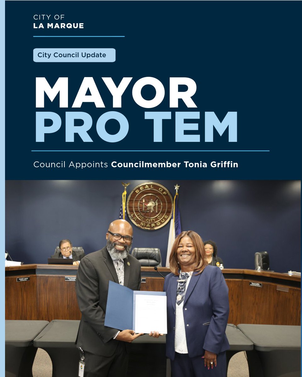 CityofLaMarque's tweet photo. The La Marque City Council appointed Councilmember Tonia Griffin as Mayor Pro Tem at the June 22, 2026, meeting. Councilmember Griffin was recently reelected to represent District D and sworn in for a new term this May. https://t.co/ALKzNR6loH https://t.co/mHlCmCRTuV