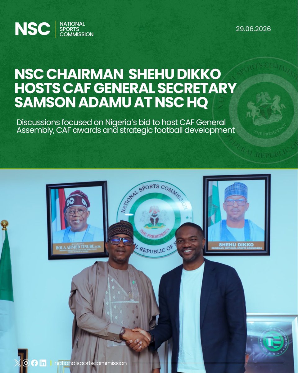 NatSportsComm's tweet photo. 🇳🇬 UPDATE: The Chairman of the National Sports Commission, @ShehuDikko , on Monday 29th of June 2026, hosted CAF General Secretary  Samson Adamu and Ibrahim Gusau, President of the Nigeria Football Federation, at the NSC Headquarters in Abuja.

Discussions focused on Nigeria’s proposed hosting of the CAF General Assembly in Abuja in October 2026 and the @CAF_Online Awards in Lagos, in December 2026 alongside other strategic football development initiatives.

President @officialABAT ,  GCFR has earlier approved for Nigeria to engage CAF towards hosting the two CAF events during a meeting with CAF President Dr. Patrice Motsepe at the sidelines of Africa Forward Confence in Kenya on 12th May 2026. The NSC chairman engagement with the CAF GS is thus aimed towards advancing Mr. President approvals/directives accordingly. 

During the meeting, the NSC Chairman, who is also a long standing member of CAF Organizing Committee for Inter-Clubs Competition and Club Licencing Management (2016-date) congratulated Adamu on his well deserved appointment as CAF General Secretary and expressed Nigeria’s appreciation to the CAF President Dr. Patrice Motsepe and Executive Committee for the confidence reposed in him, describing the appointment as a proud achievement for Nigerian football.

The engagement reflects the Commission’s continued commitment to strengthening partnerships and positioning Nigeria at the forefront of football development in Africa and Beyond.
.
#NSC #NationalSportsCommission #RHINSE #CAF #NFF