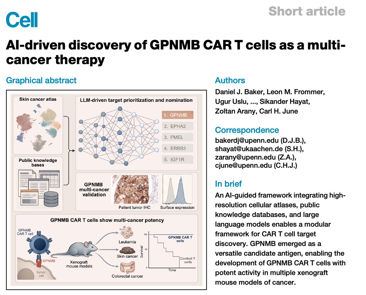 daniel_baker_j's tweet photo. Can AI help identify targets for living therapies?

We grounded frontier LLMs with patient tumor data and public knowledge bases, then tested their ability to nominate targets. GPNMB rose to the top—and GPNMB CAR T cells showed promise across blood and solid-tumor models. https://t.co/P0VyP92Apt