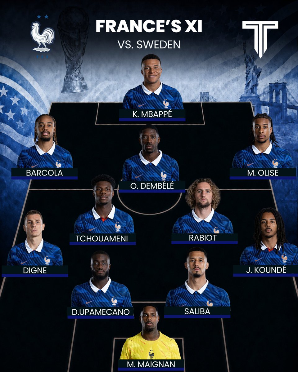 TouchlineX's tweet photo. 🚨 𝗢𝗙𝗙𝗜𝗖𝗜𝗔𝗟: France XI in the World Cup Round of 32 vs. Sweden! 🇫🇷💫 https://t.co/uh61jQcxmL