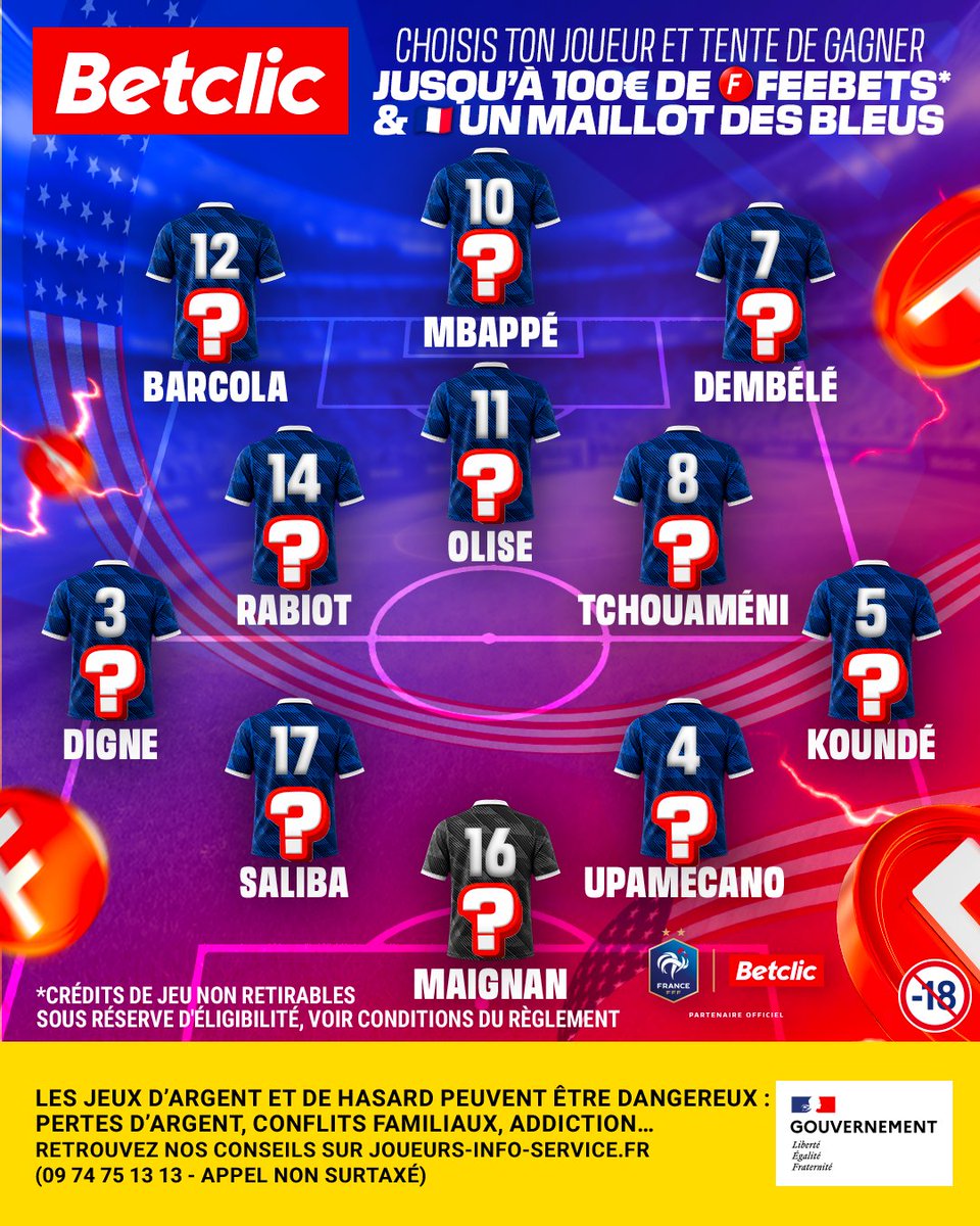 Betclic's tweet photo. Choisis ton Bleu porte-bonheur ! 🇫🇷

11 joueurs = 11 récompenses. À toi de choisir !🎁

👕 1 maillot des Bleus
🤑 Feebets* -> 100€, 75€, 50€, 30€, 20€, 15€, 10€, 5€, 2€ ou 1€  

Pour participer : RT + choisis ton joueur  + #CompoBetclic + ton pseudo Betclic🍀 https://t.co/3kfHgnlQPR