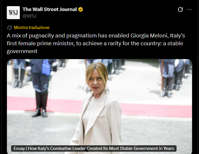 pbecchi's tweet photo. Se il WALL STREET JOURNAL loda sempre la Meloni, cosa ne deduci ? Si chiama "Giornale di Wall Street".  Wall Street è la sede della borsa, della finanza americana. Se quindi il giornale della finanza americana loda sempre la Meloni, sarà un bene per il cittadino italiano medio  ?

(cioè  per l'italiano  non ricco, senza molti soldi investiti in borsa, a Wall Street appunto...)

GZibordi