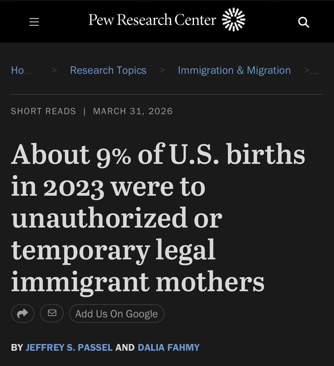 TheSwineParrot's tweet photo. “How many babies are born each year to unauthorized immigrant or legal temporary immigrant mothers?

In 2023, mothers who were unauthorized immigrants or had legal temporary status in the U.S. had 320,000 babies, representing about 9% of all 3.6 million babies born in the U.S. that year. About 260,000 of those babies would not have qualified for birthright citizenship if Trump’s executive order had already been in effect. This includes:
•About 245,000 babies born to mothers who were unauthorized immigrants and fathers who were not citizens or lawful permanent residents
•About 15,000 babies born to mothers who had legal temporary status and fathers who were not citizens or lawful permanent residents.”