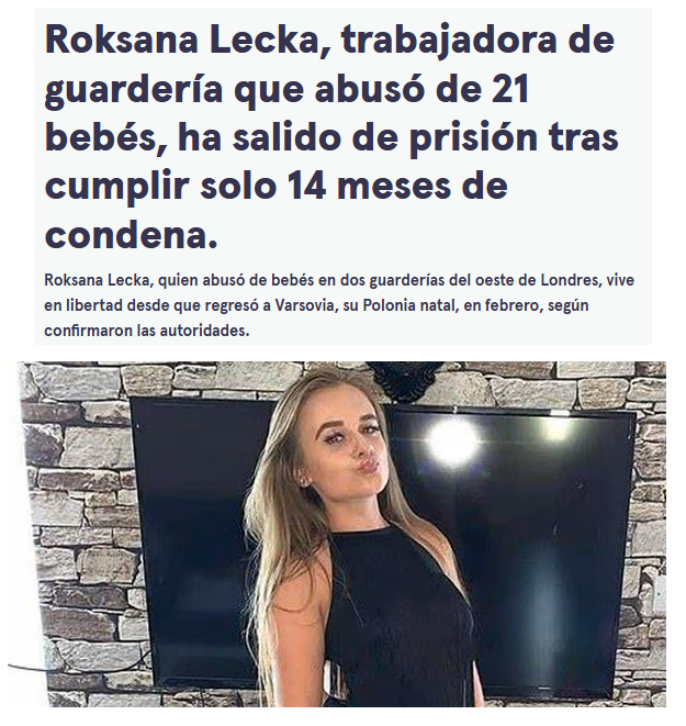 LtAgosta's tweet photo. Pellizca, golpea y pega patadas a 21 bebés durante siete meses. Es condenada a 8 años de cárcel.

A los 14 meses sale de prisión.
¿Privilegios de ser mujer? https://t.co/H6JBTo3g9j