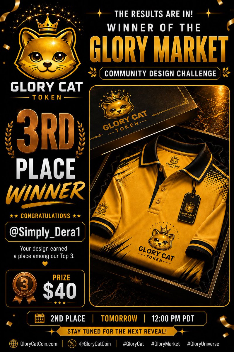 GloryCatCoin's tweet photo. 🥉 3RD PLACE WINNER 🥉

Congratulations to @Simply_Dera1 , our 3rd Place winner in the first-ever Glory Market Community Design Challenge! 🎉

This concept stood out for its polished presentation, cohesive branding, and attention to detail. It was one of the strongest examples of how a Glory Cat product could be thoughtfully brought to life.

🏆 Prize: $40

Thank you for your creativity and contribution to the future of Glory Market.

Please join us in congratulating @Simply_Dera1 the comments! 👏

🥈 2nd Place will be revealed tomorrow at 12:00 PM PDT.

#GloryCat #GloryMarket #GloryUniverse