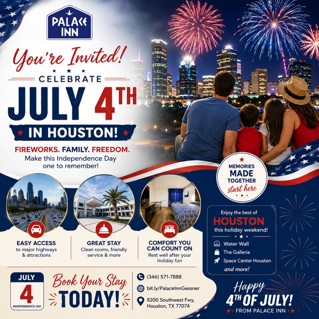 PalaceIGessner's tweet photo. 🇺🇸 Celebrate July 4th in Houston! 🎆 Enjoy family fun, fireworks, &amp; a comfy stay at Palace Inn Blue US-59 &amp; Gessner. Unwind after the festivities in spacious rooms!

📍 Book now: https://t.co/gwskhgtFR9

#July4th #IndependenceDay #VisitHouston #HoustonHotels #TexasTravel https://t.co/vBkLwxBvAW