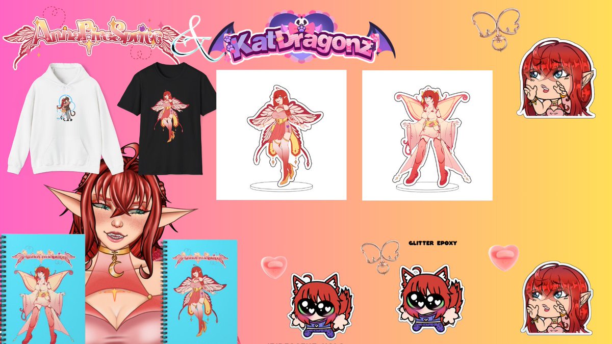 Annafiresprite's tweet photo. MERCH DROP: July 13th 2026~ 
We got Standees, Keychains, Pins, Notebooks, a t-shirt and a Sweatshirt?! 

When the merch goes live you can use code AnnaFireSprite for 10% off~ 

Ft: @Dj_Kadoodz @boa_coomi and AugTheBug! 
Thank you @KatDragonzShop  for making my dream a reality <3 https://t.co/VWKnnsjF0o