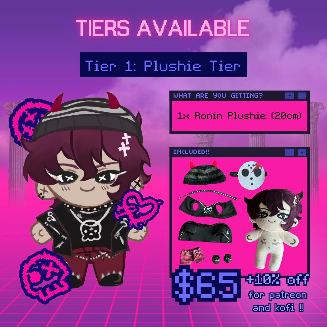 angelrotgames's tweet photo. 👀 RONIN PLUSHIE REVEAL!!! 🧵(1/2) 

take a look at the 6 tiers we'll have available for our KOFI CROWDFUNDING CAMPAIGN when it drops on july 4th 🫶 he comes with (7) removable accessories!

🪽 patreon and kofi subscribers also get a 10% DISCOUNT on everything! #KILLERCHAT https://t.co/9E5Ga5mm3u