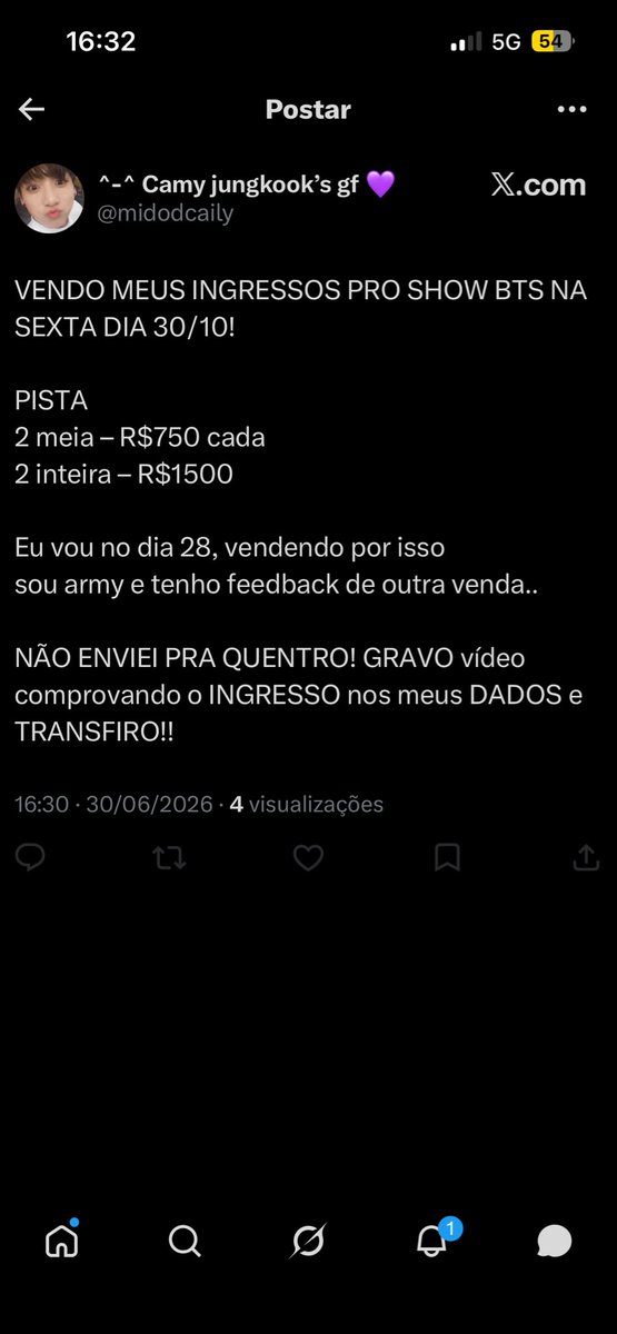mimiMb0's tweet photo. Pessoal sofri um golpe de venda de ingresso do BTS, estou fazendo esse Twitte para ajudar outras pessoas a não cairem no mesmo que eu, infelizmente acredito que não conseguirei reaver o dinheiro e fica aí o ensinamento. 

#ingressobts #venda 
Tag compro ingresso venda BTS 31/10 https://t.co/NSCMpJTsrJ