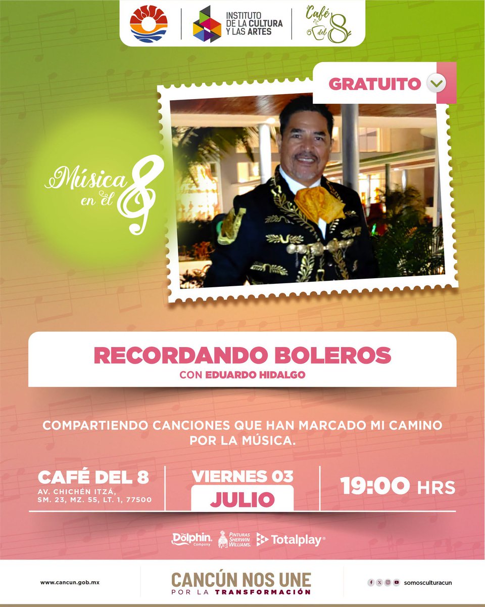 QuintanaRooHoy1's tweet photo. 🎶 ¿Te gustan los #Boleros? Esta noche es para ti.

El cantante #EduardoHidalgo ofrecerá el concierto "Recordando Boleros" este 3 de julio en el #CaféDel8, con un recorrido por los clásicos que marcaron generaciones.

NOTA COMPLETA👇
https://t.co/eKGd6IMxX5 https://t.co/BR2DEQqr3f