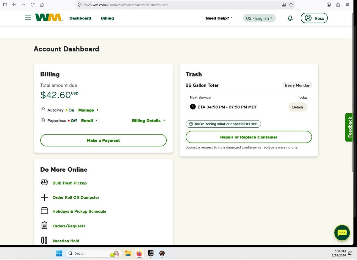 MeolaRoss's tweet photo. @WasteManagement At ~6pm ETA was 0458 to 0758. At ~8pm ETA was 0604pm to 0904pm. At ~9pm the system was changed to show. “Picked up”. It wasn’t picked up. https://t.co/39gUihichZ