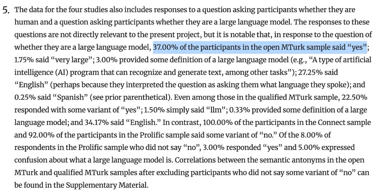 MackenMurphy's tweet photo. When asked if they are an LLM, 37% of MTurk participants in an online study said "yes," and 1.75% said "very large."

Delightful footnote. https://t.co/u0vLXJMOx7
