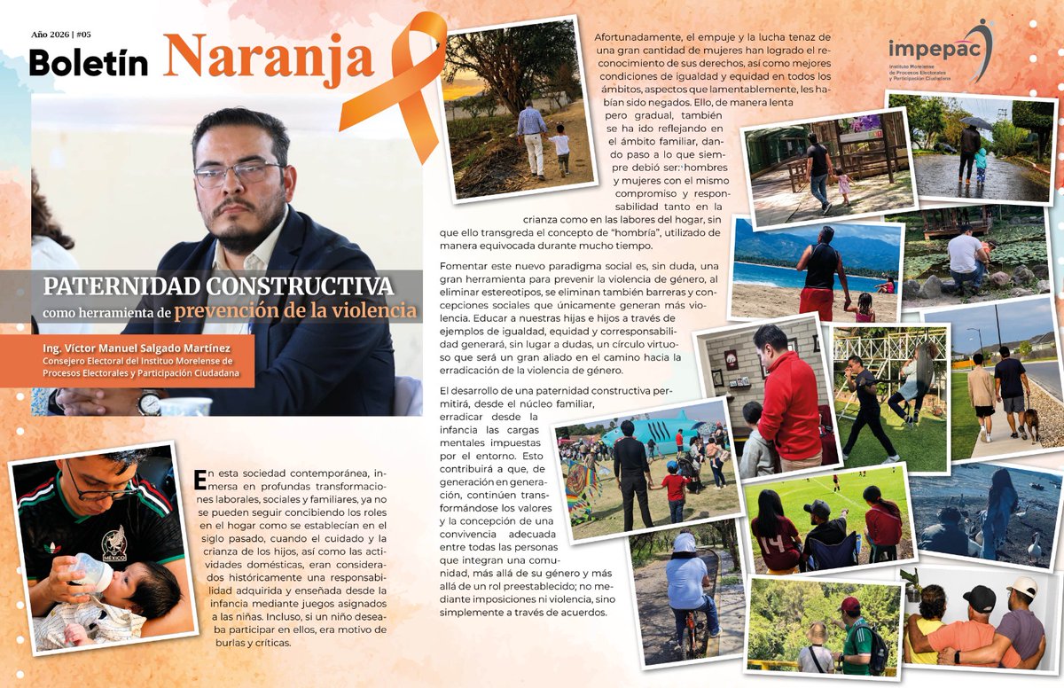 impepac's tweet photo. 📚🧡 Una nueva edición del #BoletínNaranja del #Impepac ya está aquí.
✨ Descubre cómo la paternidad constructiva contribuye a la prevención de la violencia. 💜🤝
#Igualdad #PaternidadConstructiva #Morelos https://t.co/2CVw2yzVAT