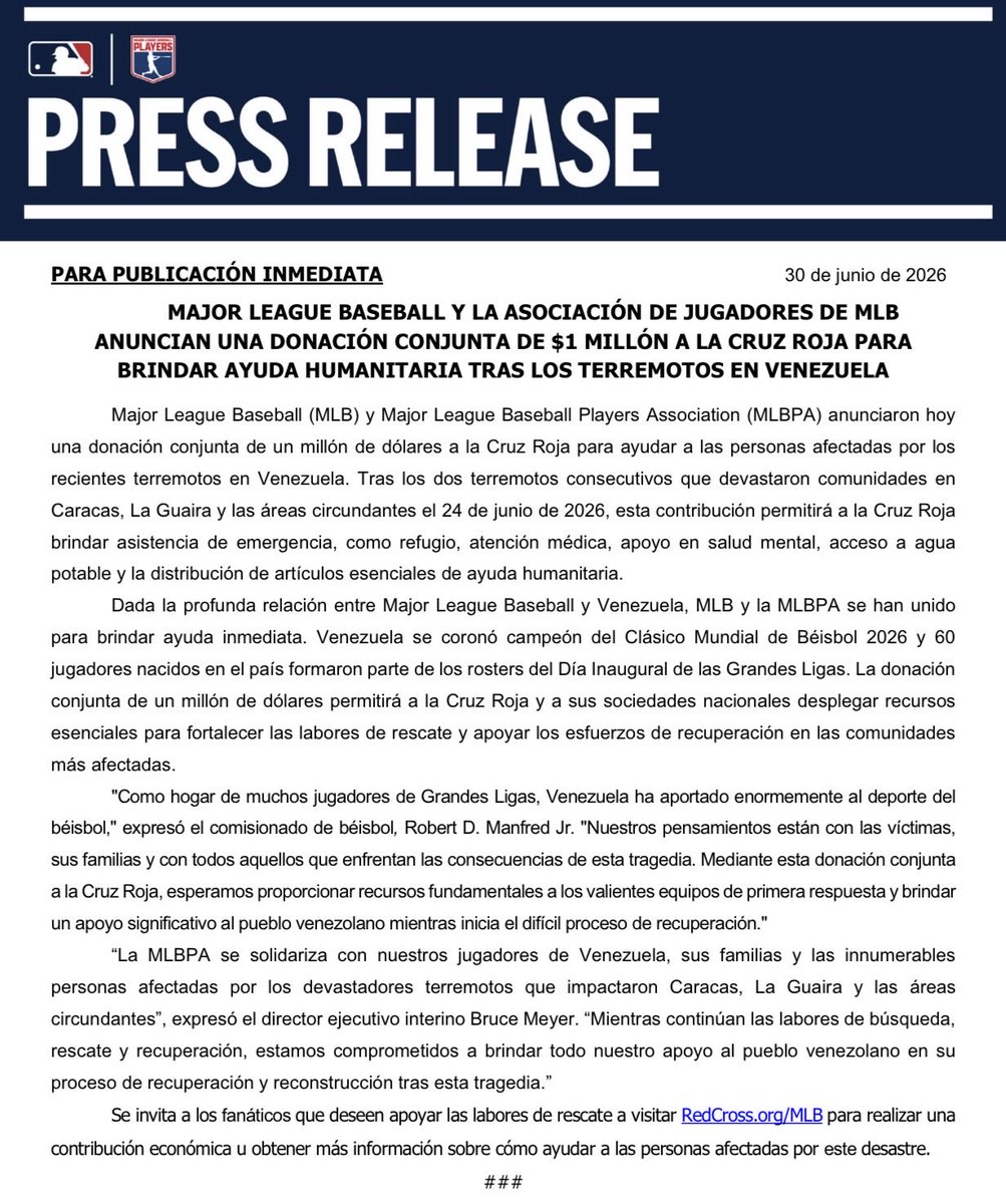 FerAlvarez's tweet photo. $1 Millón de gracias a Major League Baseball, a la MLBPA y a todos los jugadores de Grandes Ligas por este extraordinario gesto de solidaridad con Venezuela.

Gracias por tendernos la mano cuando más la necesitamos. Lo valoramos y lo agradecemos de todo corazón. 🇻🇪🙏🏼 https://t.co/FhmohO0CVS