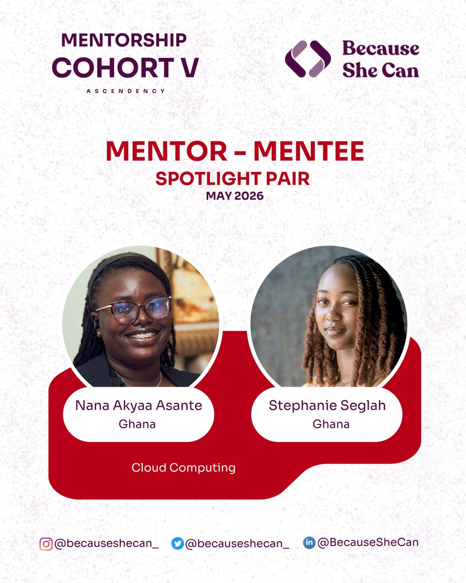 becauseshecan_'s tweet photo. Great mentorship creates lasting impact💜
Congratulations to our May 2026 Mentor–Mentee Spotlight pairs from 🇬🇭 Ghana, who achieved outstanding engagement through commitment, collaboration and consistent growth.
#BecauseSheCan #BSCMentorship #MentorMentee #Ascendency #Spotlight https://t.co/35mj6vOx7A