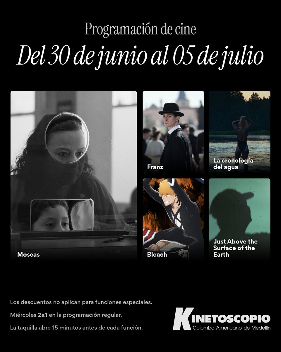 revkinetoscopio's tweet photo. ¿Qué ven esta semana? Llega "Moscas", de Fernando Eimbcke, y "Kafka", un retrato del emblemático escritor del siglo XX. 

El martes vemos "Just Above the Surface of the Earth" gracias a La Filmoteca Antioquia en el Ciclo Historia Natural. Entrada libre.

https://t.co/fgRy5XS0ls https://t.co/50HlFtsSBV
