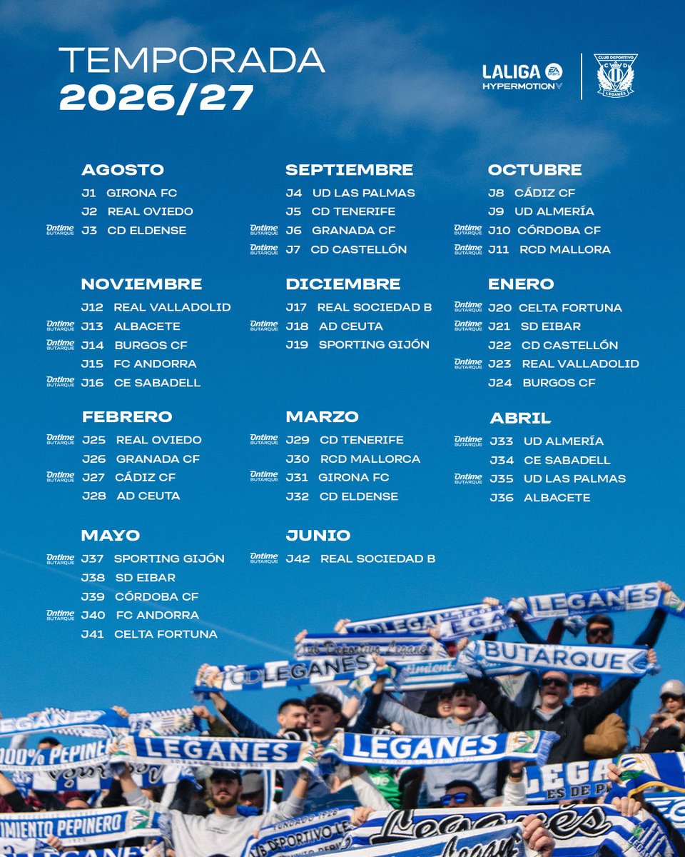 CDLeganes's tweet photo. 📆 Calendario 2026/2027 de nuestro Lega ⚪️🔵 

#LALIGAHYPERMOTION https://t.co/FZBZMY0YL2
