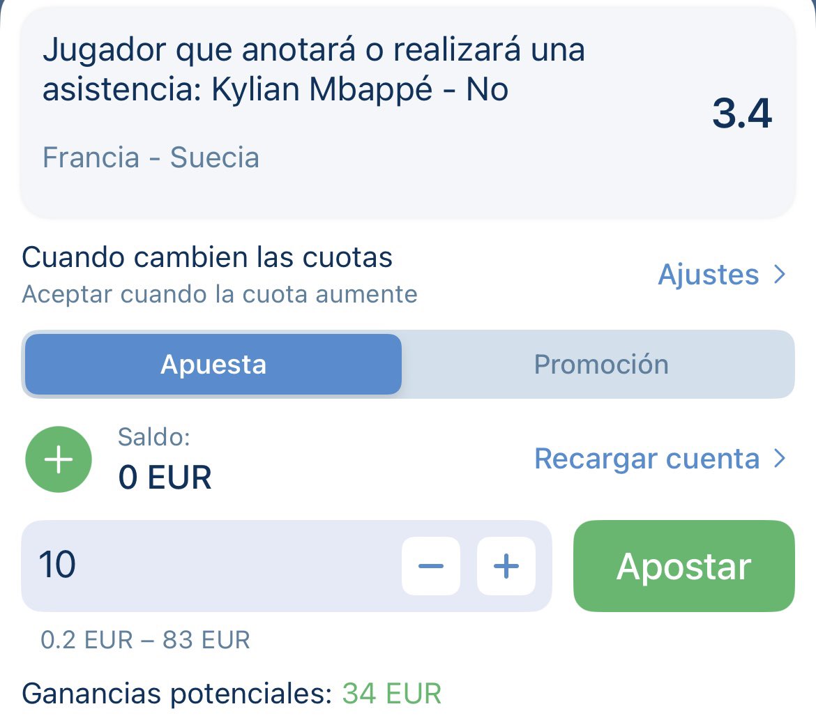 minerobets's tweet photo. ALERTA DE SUREBET🚨

🏟️Francia - Suecia

➡️10€ al súper Mbappé marca o asiste
🏠Winamax
💰Retorno: 20€

➡️10€ a Mbappé no marca ni asiste
🏠1xbet
💰Retorno: 34€

📊BENEFICIO: +14€ si Mbappé no marca ni asiste. Si lo hace nos quedamos igual.

‼️0% DE RIESGO https://t.co/huHNVZyb7l