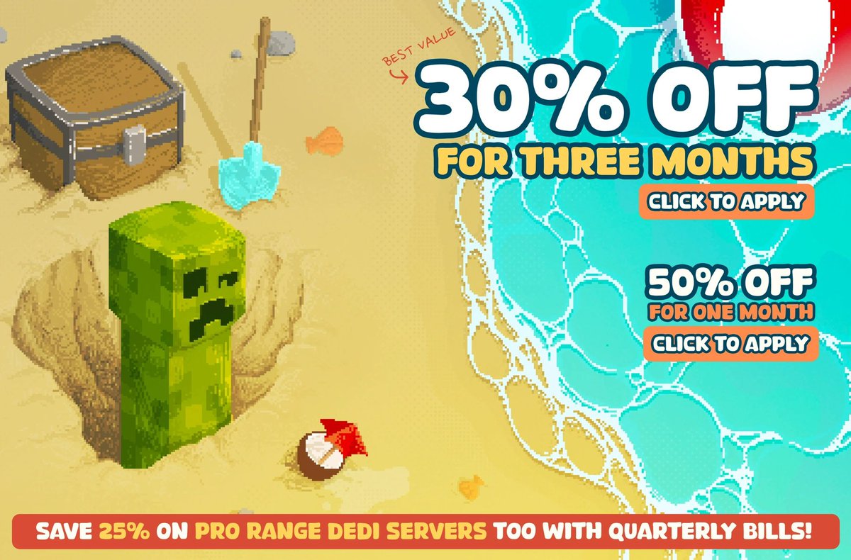 CreeperHost's tweet photo. Our summer sale is heating up! Don't get burned by high hosting costs, grab blazing-fast servers at cool prices while they last 👇🏻
https://t.co/Py4BnVn7BK https://t.co/AgWr4EBjlL