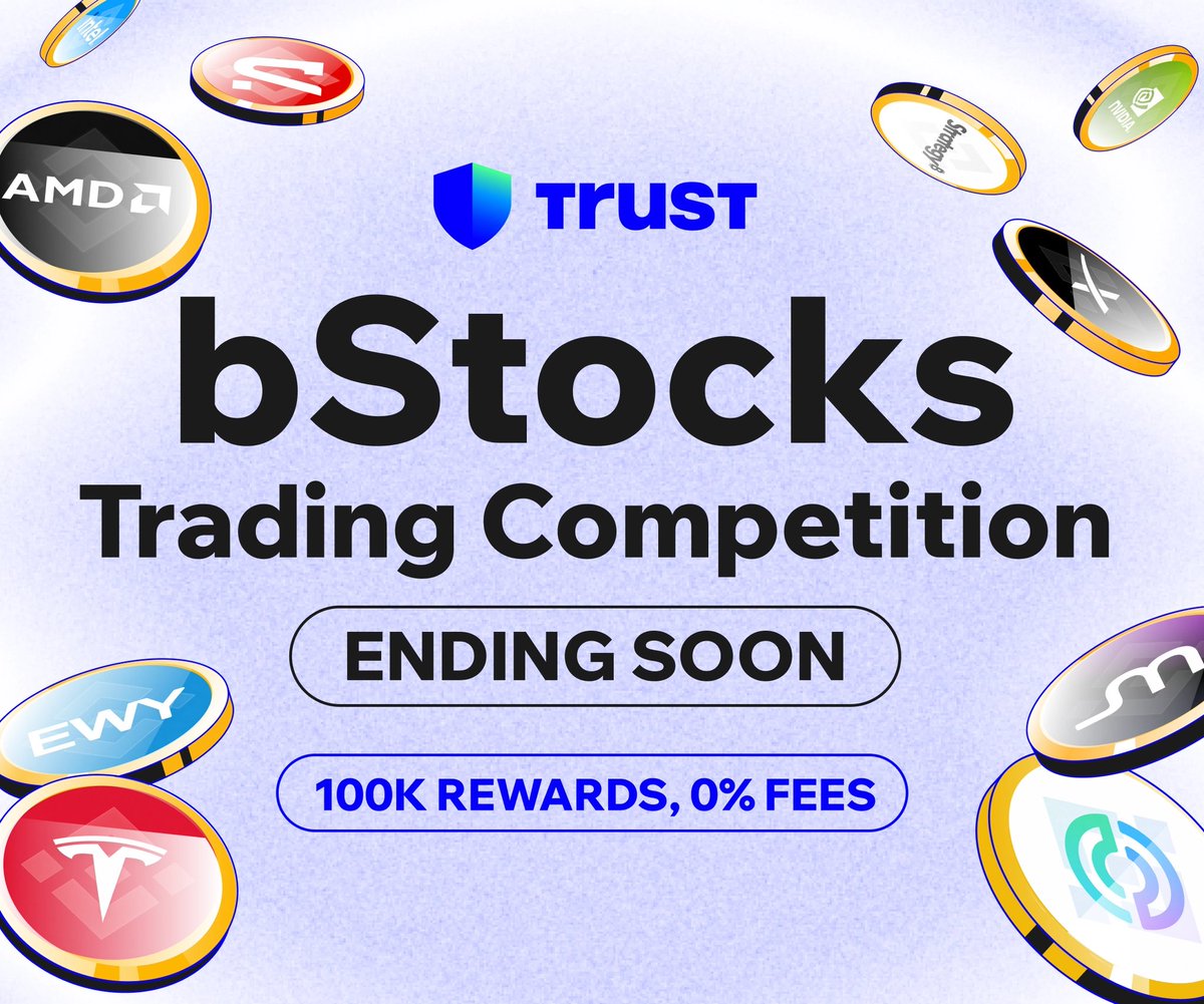 TrustWallet's tweet photo. Less than 1 day before the $100K bStocks trading competition ends.

You can still access bStocks for 0% fees after the campaign ends on your Trust Wallet app.

Explore bStocks: https://t.co/eYcgFbDGwk https://t.co/CoHzYrxUCt