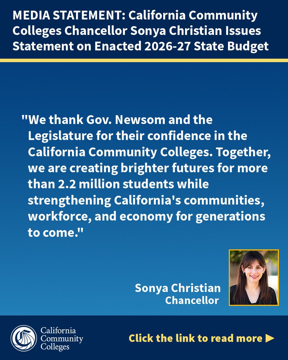 CalCommColleges's tweet photo. Media Statement: @CalCommColleges Chancellor @sonyachristian Issues Statement on Enacted 2026-27 State Budget 
 
Read more: https://t.co/M52gcqxkob. 

@CAgovernor @FoundationCCC https://t.co/JkrQuwoleH
