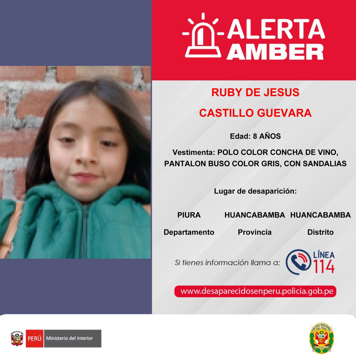 congresoperu's tweet photo. 🚨 #AlertaAmber | El Congreso de la República difunde la siguiente alerta AMBER, con el fin de apoyar en las acciones de búsqueda y ubicación de personas desaparecidas.

Si tienes información sobre el paradero de una persona desaparecida, comunícate con la Línea 114 de la @PoliciaPeru. 

La atención es gratuita, confidencial y está disponible las 24 horas, los 365 días del año.