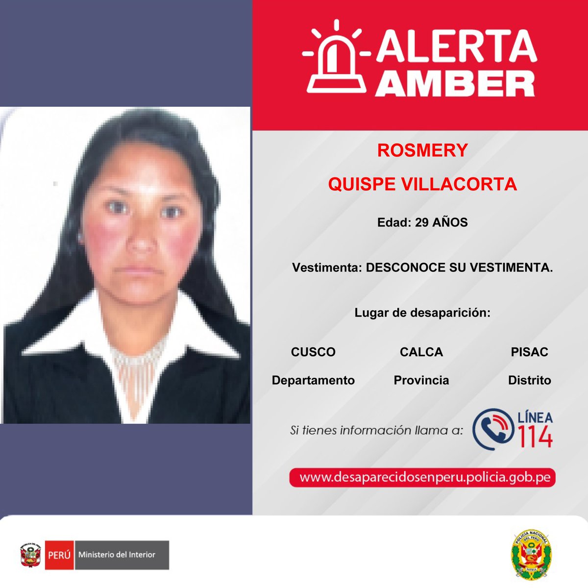 congresoperu's tweet photo. 🚨 #AlertaAmber | El Congreso de la República difunde la siguiente alerta AMBER, con el fin de apoyar en las acciones de búsqueda y ubicación de personas desaparecidas.

Si tienes información sobre el paradero de una persona desaparecida, comunícate con la Línea 114 de la @PoliciaPeru. 

La atención es gratuita, confidencial y está disponible las 24 horas, los 365 días del año.