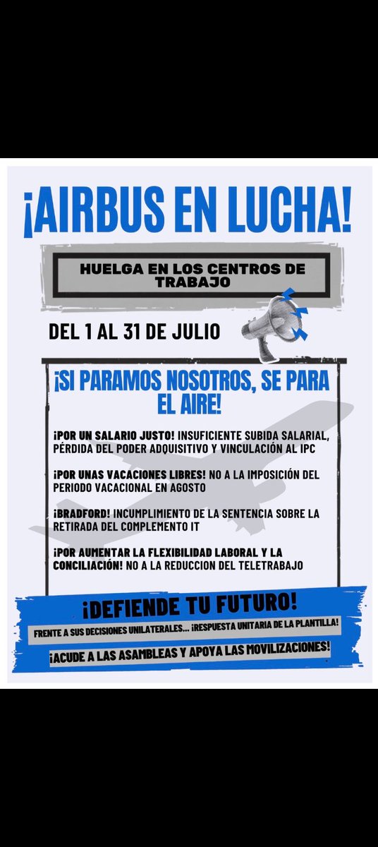er_de_la_vegA's tweet photo. Si @Airbus vuela alto, es gracias al esfuerzo de sus trabajadores en España. Mañana paramos para exigir que los salarios estén a la altura de los beneficios de la empresa y de la inflación actual. ¡La plantilla se planta! 🛑✈️ #HuelgaAirbus #SalarioJusto #ParamosAirbus https://t.co/KAl7eod8yr