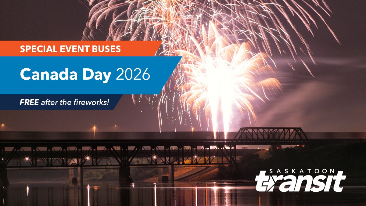 stoontransit's tweet photo. 🚍 Skip the hassle of traffic &amp; parking by taking the bus downtown for #CanadaDay!
FREE service provided after the fireworks from:
-3rd Ave &amp; 19th St
-Victoria Ave &amp; 11th St

Trip planning after fireworks not available in apps.
🍁 GO: https://t.co/ozRX2SfMxe https://t.co/MmAVWAM7DK