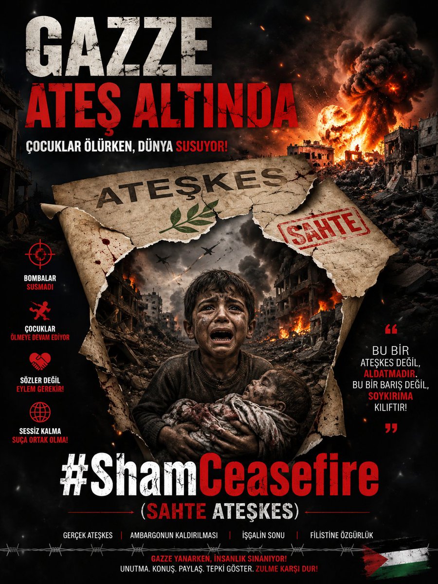 ilknuralatas's tweet photo. "Ateşkes" dediler, bombalar sustu sanıldı.
Oysa Gazze'de hâlâ çocuklar ölüyor, şehirler yıkılıyor.
Gerçekleri örten her "ateşkes" söylemi, acıyı daha da büyütüyor.

Sahte Ateşkese Değil, Gerçek Ateşkese  İhtiyaç Var.
"Gazze Ateş Altında" 

🚨 #ShamCeasefire
(Sahte Ateşkes) https://t.co/9IFQmt8Foa