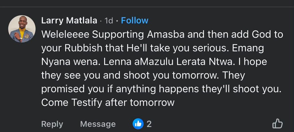 NtokozoNgongoma's tweet photo. These are some of the hateful comments I received on my Facebook posts. What makes it even more disappointing is that this one came from a pastor.

Anyway, Larry Matlala, sorry to disappoint you, Mfundisi, I made it home safely, and no one was shot.

Aluta Continua💪🏾 https://t.co/L0v8EJqQW8