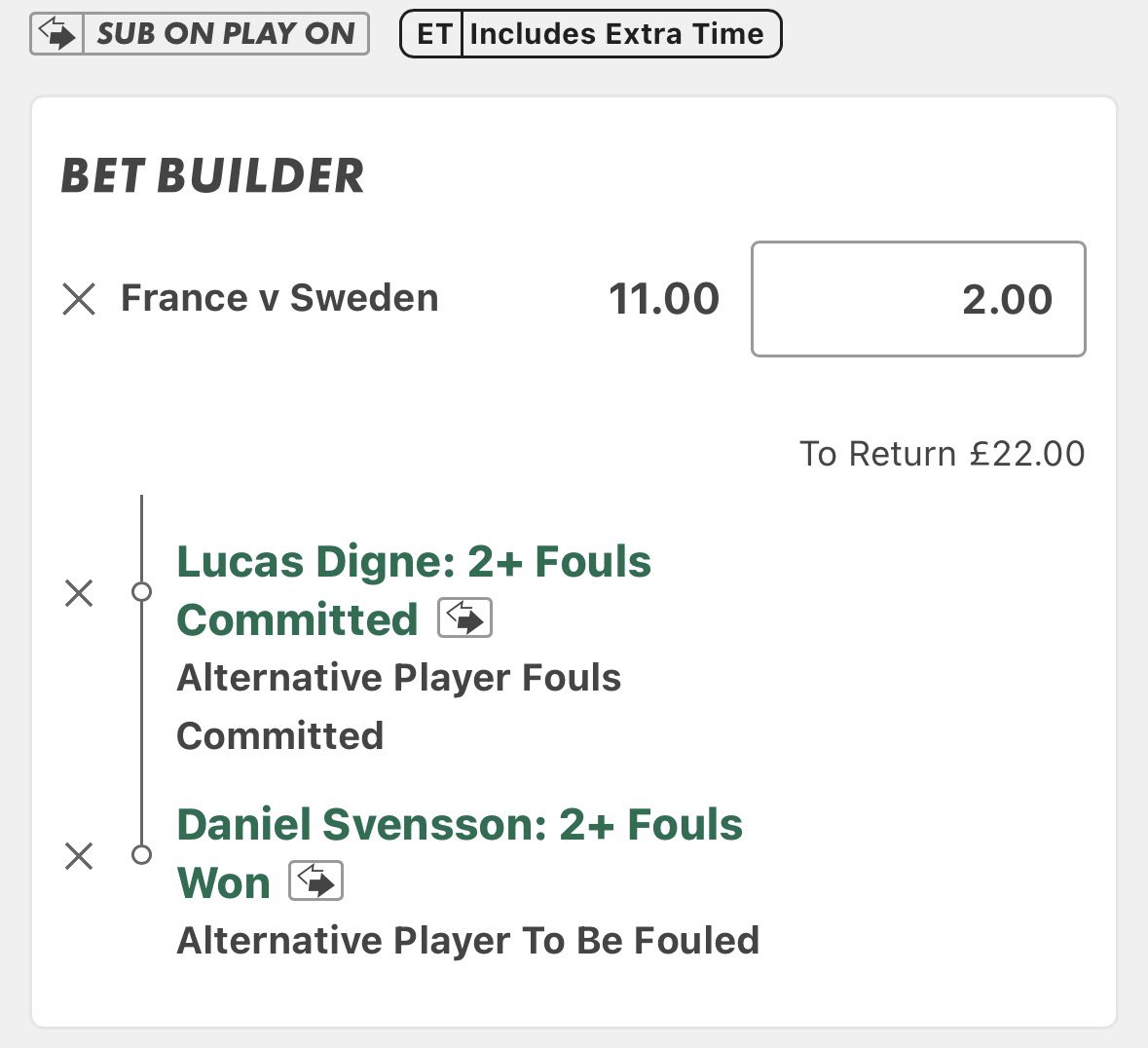 TheLadderLad's tweet photo. World Cup 🪜 Bet #155

France 🇫🇷 v Sweden 🇸🇪 

Bet Builder 🪜

Lucas Digne 🇫🇷 Fouls Commited - has commited a foul in 18 of his last 20 starts for france

Daniel Svensson 🇸🇪 Fouls Won - Has won a foul in 4/5 of his starts for Sweden

Over 0.5 Each @ 2.5 | 1.2U
Over 1.5 Each @ 11 | 0.2U

Bet365 🟢 (2.5) / William Hill 🔵 (2.35)

Hopefully can do it in a clean sweep as they are up against each other