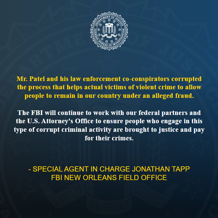 FBINewOrleans's tweet photo. #BREAKING: Four Former Oakdale-Area Law Enforcement Leaders and One Business Owner Plead Guilty to Falsifying Police Reports and Bribery to Perpetrate Decade-Long Visa Fraud Conspiracy.

Details here in the @USAO_WDLA news release: https://t.co/OSB7jhKw8a https://t.co/UWSqnzviPw
