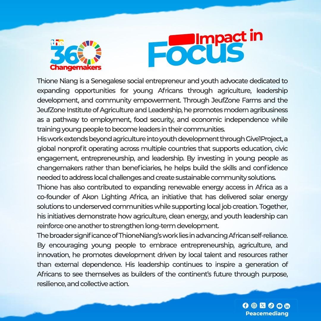 PeacemediaNG's tweet photo. Thione Niang is empowering Africa’s next generation through agriculture, entrepreneurship, and leadership. His work equips young people with the skills and opportunities to drive sustainable growth and community transformation.
#PeaceMedia #the360changemakers #162of360 https://t.co/sV2pauhJwW