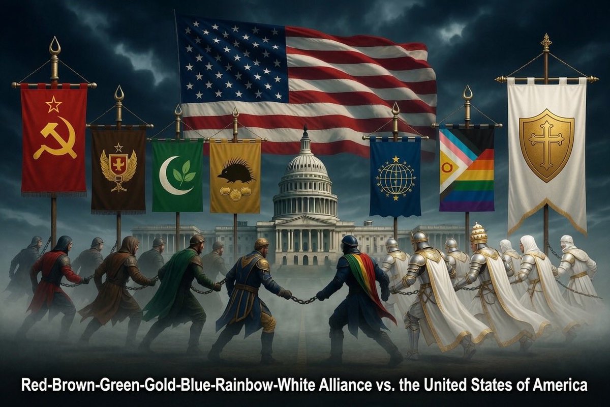 BiggerTruth's tweet photo. As we celebrate our great 250th anniversary as an independent democratic republic, let’s consider the threats that are coming together to weaken and destroy our great nation.

There is much talk about a red/green/rainbow alliance or a red/brown alliance but it’s much bigger than that.

The way I see it, there is a red/green/brown/blue/gold/rainbow/white alliance that has come together with the shared objective of destroying and weakening America politically, culturally and economically from within to ultimately accomplish their disparate utopian visions.

The shared objective is a multipolar world order with a weakened America, an end of the Dollar’s reserve currency status, and a multipolar power system led by BRICS nations.

What do the colors stand for?

Red: communism/socialism/Marxism

Green (double duty): Islamist (and distant secondarily but still noteworthy, radical environmentalists)

Brown: Nazi/nationalist socialist

Blue: Globalist/technocrat

Gold: Libertarian/anarcho-capitalist

Rainbow: LGBTQ+

White: Catholic integralism/dominionist Christian nationalist.

Look at the issues where most or all of these come together:

“No more wars” (code for preventing America from defending ourselves and our interests abroad)
“America is evil/hopelessly corrupt”
“It’s all Israel’s/The Joos’ fault”
“End the Fed/Dollar hegemony”
“It’s the (we the) people vs. the elites/Epstein class/Establishment/wealthy/corporations”
The time is coming to “burn it all down.”

All of the above groups form mind controlled followings that have been rendered incapable of rational debate. 

If you are passionate about any of the above issues but incapable of clearly and articulating an opposing point of view you may have fallen for their dialectical programming. 

Many of the above groups obsess about another of the alliance groups. For example, (white) Christian nationalists often obsess over the (blue) globalists and technocrats. Many (red) communists obsess about (brown) Nazis.

But the objects of their obsession are often strawmen in how they are presented and they focus on that enemy to distract the public and even their own followers from the true nature of the alliance and its objective to destroy America.

So don’t be shocked when you see Massie  (Gold/brown) hanging out with Ro Khana (red); a far left “Jewish pro-Palestine” organization (red) endorsing an Islamist/communist candidate (green/red); or rainbow people (rainbow) marching for Palestine (green).

They’re all on the same team as long as it means our destruction.

But in this 250 celebration, I am optimistic: Americans from both parties are waking up to the fact that our true colors are Red, White and Blue, wanting nothing to do with the multipolar alliance. Americans are coming together where we always have: our constitutionally protected liberties and government that divides its powers to protect us from itself.

After 250 years, America is still the least corrupt, most free, and greatest country on Earth and we’re not about to let that go.