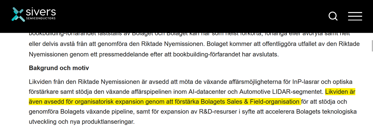 NingiResearch's tweet photo. So, $SIVE is misleading its English-speaking investors because in the official Swedish version of the press releases, the use of proceeds reads like they are just funding general operations, like Sales... 

Somehow the word "Sales organization" did not make into the English $SIVEF press release...

English-speaking investors are presented with a narrative focused on manufacturing capacity and technology investment, while the Swedish $SIVE.ST release is more explicit that the proceeds will also fund organizational growth.