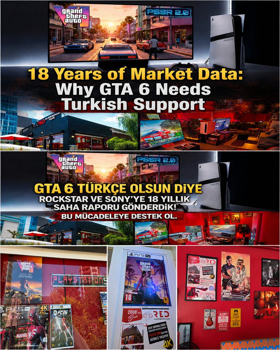 red_playstation's tweet photo. For 18 years, I haven't just operated a lounge; I’ve run a living Rockstar museum. 🏛️ As you can see in the photos, from our outdoor to the indoor lounges, and even inside our restrooms, every corner of Red Playstation Cafe is covered with GTA history! 🖼️

For decades, I’ve personally mentored players who didn’t speak English, guiding them through your masterpieces. We have promoted your games for years, guided players who didn’t understand English, explained missions, created hype, bought the games, decorated our entire place with GTA posters, and kept the culture alive. I even pre-ordered all my copies the second it dropped (Receipt attached)! 💿

Now, we built the ultimate gaming sanctuary for GTA VI. We are weaponized with: 🔥
• 100% PlayStation 5 Pro ecosystem 🎮
• Giant 4K 120Hz LG OLED C5E displays 🖥️
• Elite KEF Q Concerto Meta Hi-Fi audio to hear details you didn’t know existed 🔊

We offer the best GTA VI experience on the planet. I’ve done my part for 18 years. Now, it’s your turn, @RockstarSupport. Give us the official Turkish Localization! ✍️

Türkiye is ready. 🇹🇷 RED PLAYSTATION CAFE is ready. 🚀

Market Insights & Demand for Official Turkish Localization in GTA VI

As an MBA professional and 18-year industry veteran, I’ve prepared an Executive Report (PDF) to demonstrate why Official Turkish Localization is a strategic opportunity for GTA VI. 📈

Our strategic insights are further validated by our position as a premier global benchmark for high-end gaming experiences. Our facility is uniquely engineered to showcase GTA VI at its absolute technical peak—featuring an elite integration of PS5 Pro, 2025 OLED 120Hz displays, and KEF Hi-Fi audio systems. 🎯 This unparalleled technical vantage point ensures our market analysis is rooted in the highest standards of the industry.

The Report documents:
• Impact of language barriers on conversion and retention in Türkiye. 📉
• Market validation: Self-funded campaign reached 1,000,000+ gamers in 9 days. 🔥
• Data-backed case for high-ROI market optimization. 💰

I invite Rockstar Games and Take-Two Interactive leadership to review the attached PDF for strategic localization discussions. 💼

#GTA6 #GTAVI #RockstarGames #Ps5pro #WeWantGta6inTurkish