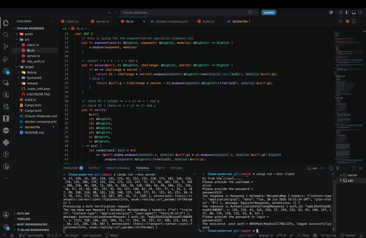 pranavlakkadi13's tweet photo. built a gRPC server that verifies your login without ever knowing your password
not "we hash it" — it literally never shows up
just a lil math handshake and you're in 🤝✨
shoutout Chaum–Pedersen for this sorcery 🔐
https://t.co/P2S7WThuhm
#ZeroKnowledgeProofs #Rust https://t.co/riPqjgnicO