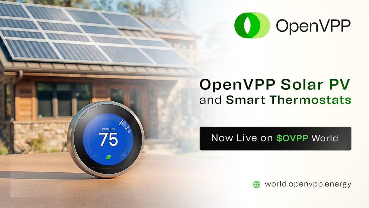 OpenVPP's tweet photo. We’re excited to share that Solar PV and Smart Thermostats are live in production for you to connect on OpenVPP World.

🌐 https://t.co/26667TiMzI

With over $30M in Tokenized EVs as RWAs already online, now more flexible capacity joins to power the network.

$OVPP The Internet of Energy.