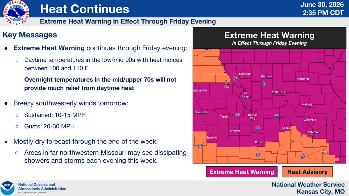 NWSKansasCity's tweet photo. ⚠️Excessive Heat Warning in effect through Friday evening  for heat indices in the 100-110 range. Stay cool and hydrated this week! https://t.co/VhBMKBsJDr