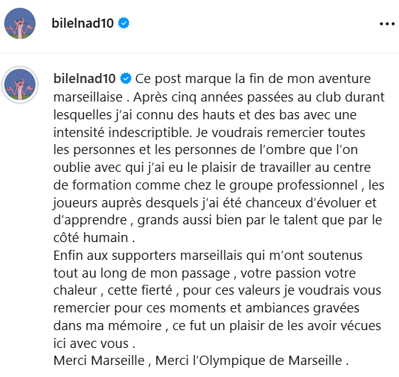 LaMinuteOM_'s tweet photo. 🚨 Bilal Nadir officialise son départ de l'OM ! 👋

Le contrat du milieu marocain n'est pas renouvelé. 🔚

Bonne continuation à lui ! 🔵⚪️

(Instagram)

#TeamOM https://t.co/n0W6sUbBLs