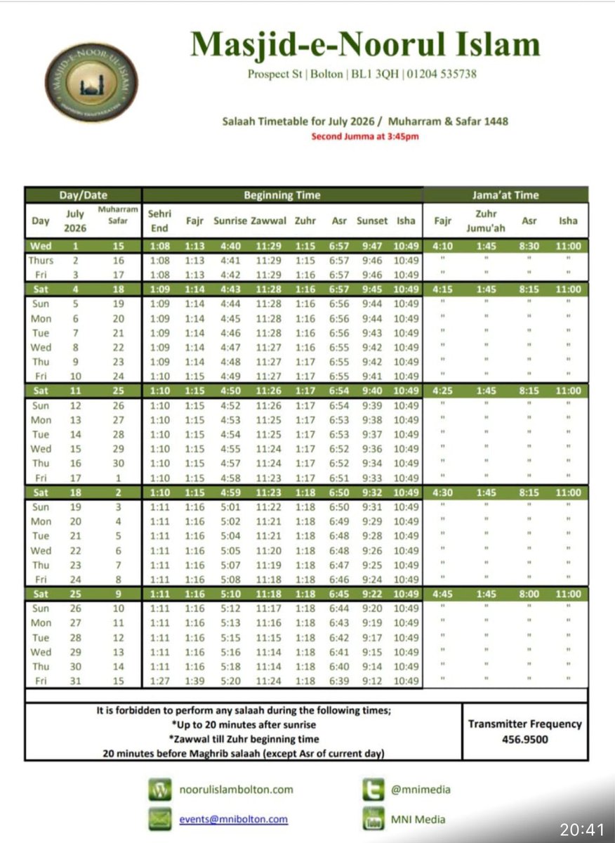 MNIMedia's tweet photo. Śalāh Timetable For July 2026

#mnibolton #mmibolton #salahtimetable https://t.co/8dB0UnuFxd
